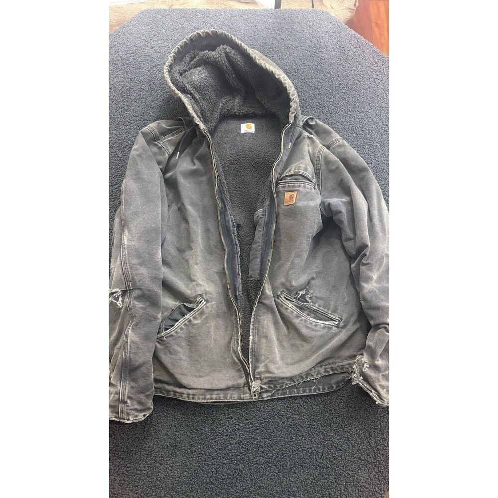 Carhartt Hooded Jacket Large Sherpa Lined Duck Distressed J141 BLK